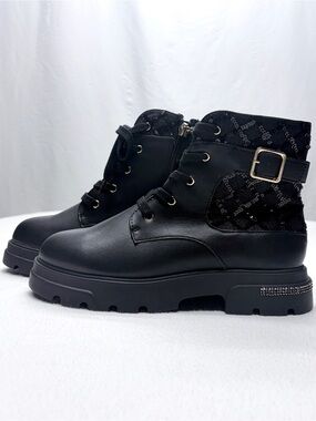 Jessica Simpson Rosa Combat Boots Girls 4 Black Moto Buckle Side Zip NWOT